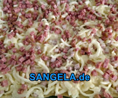 Zwiebelmischung darauf verteilen und mit Wurst oder Schinken bestreuen